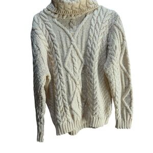 Inis Crafts Ireland Merino Wool Aran Cable Knit Turtleneck Sweater Cream M FLAWS